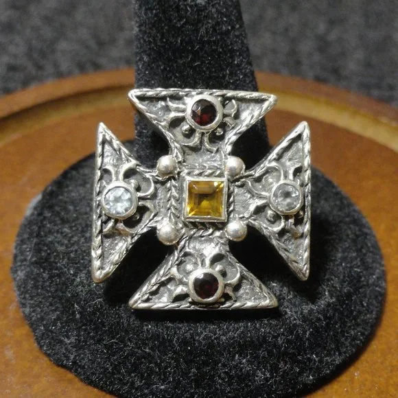 Sterling Silver 925 Iron Cross Pendant W/ Citrine,Garnet,Blue Topaz Crys… - Picture 1 of 5